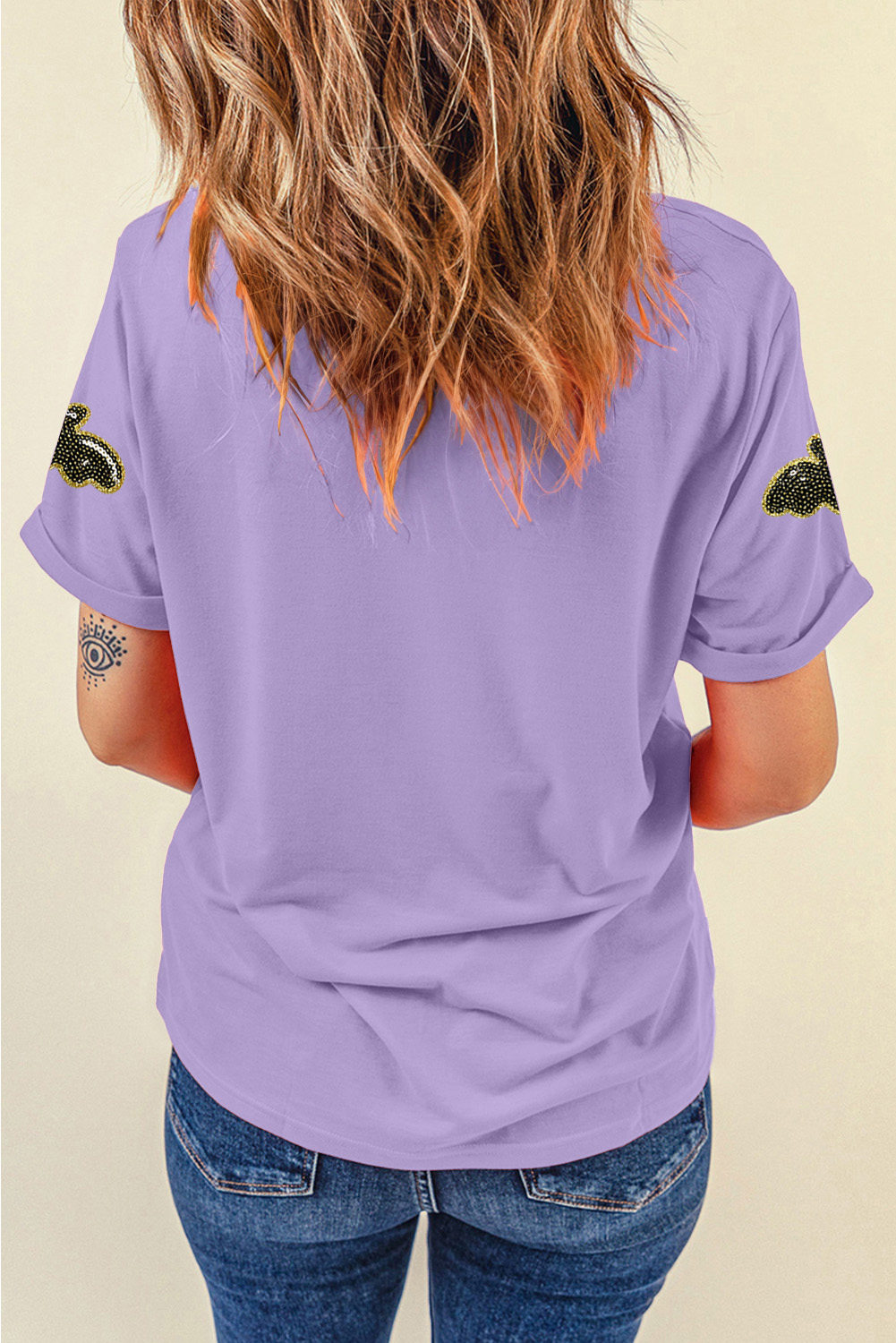 Wisteria Sequin Halloween Bat Patched Casual T Shirt - loveforevers