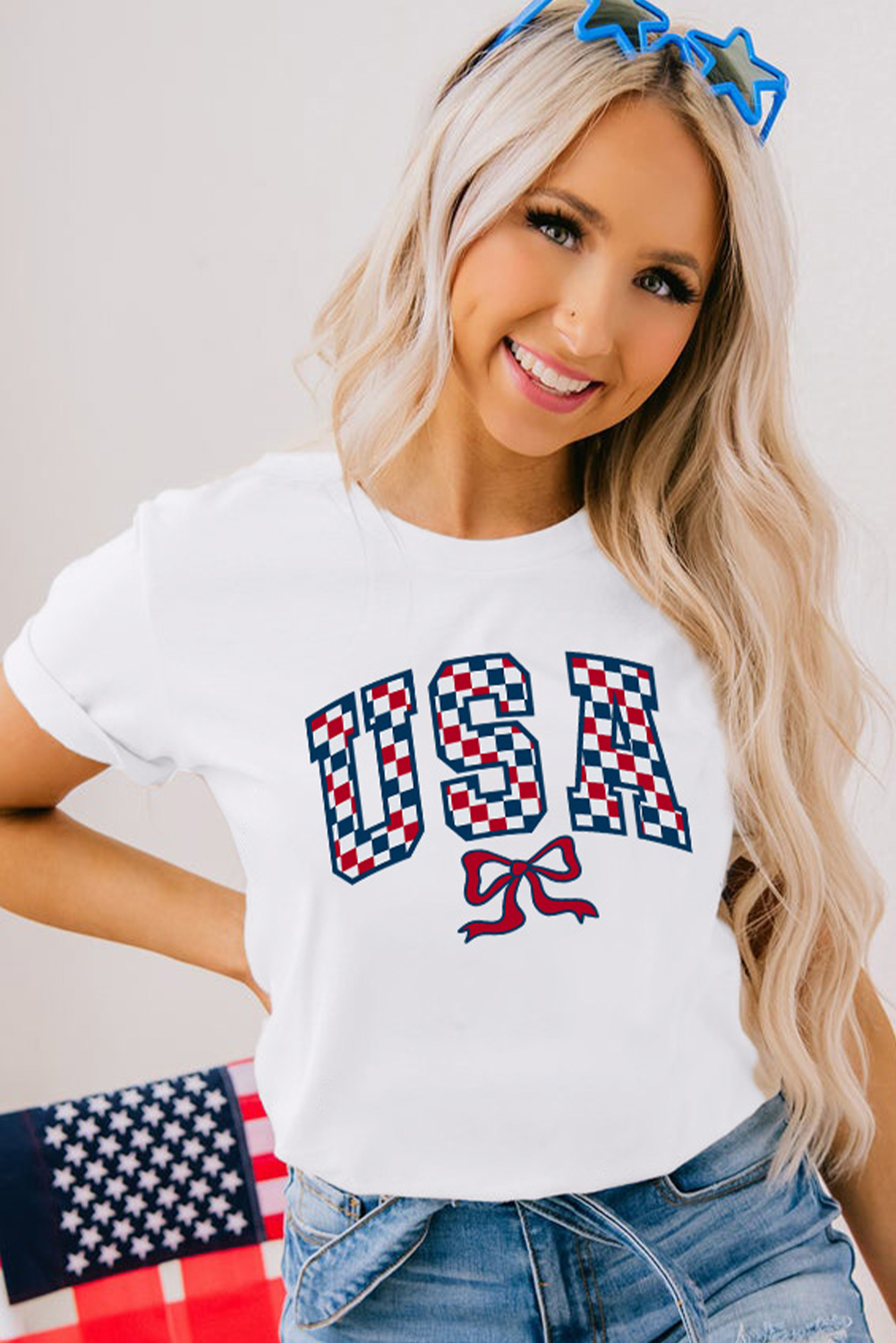 White Checkered USA Graphic Casual Tee - loveforevers