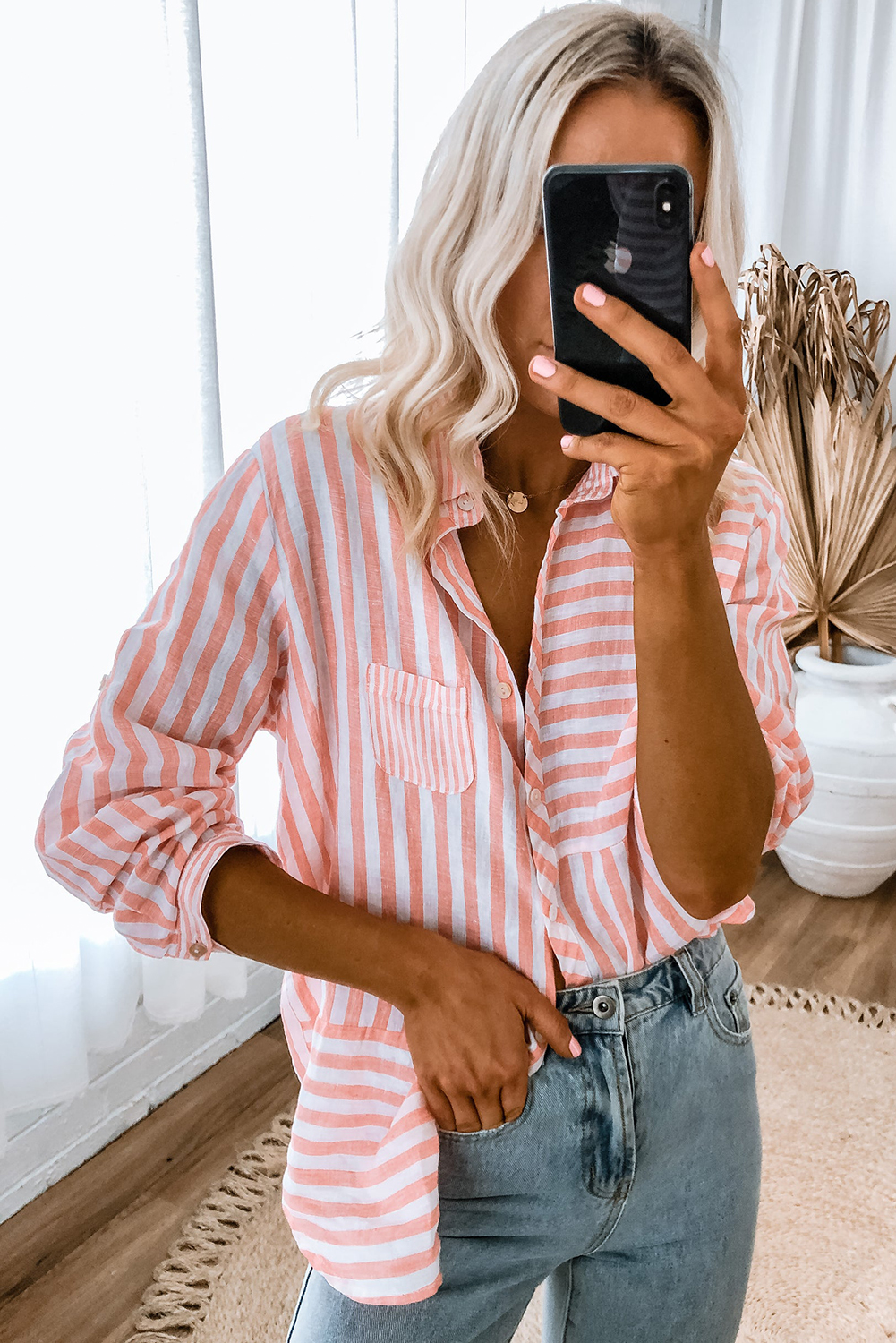 Pink Stripe Buttoned Long Sleeve Casual Shirt - loveforevers