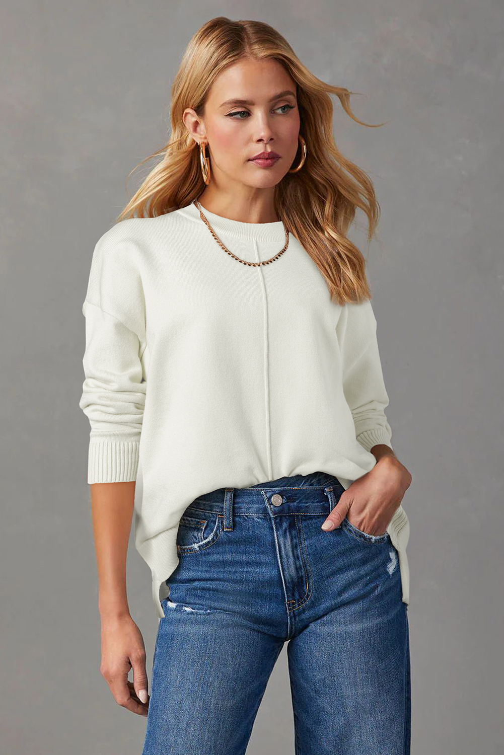 White Front Center Seam Drop Shoulder Pullover Solid Sweater - loveforevers