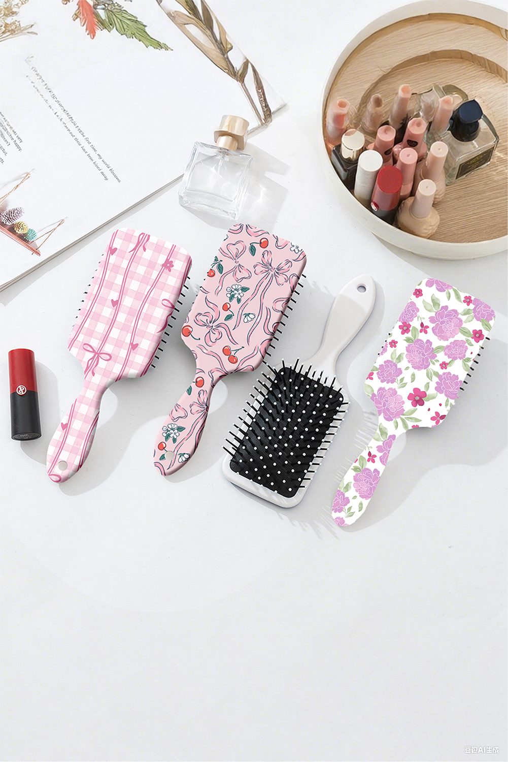 White Peony Flower Print Large Paddle Air Cushion Comb - loveforevers