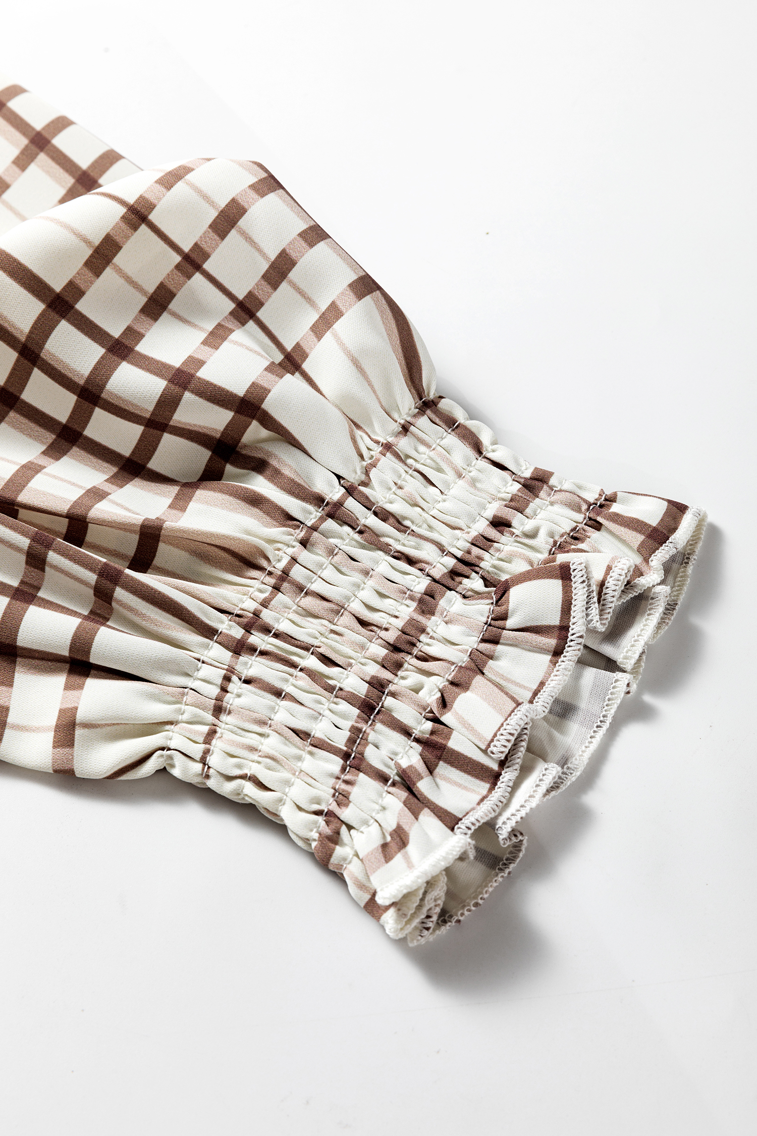 White Plaid Print Frilled Puffy Half Sleeve Blouse - loveforevers