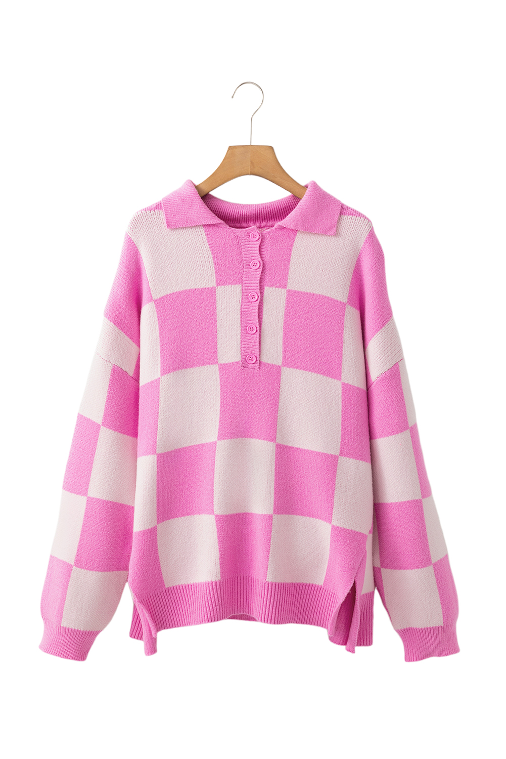 Pink Checkerboard Half Button Collared Drop Shoulder Sweater - loveforevers