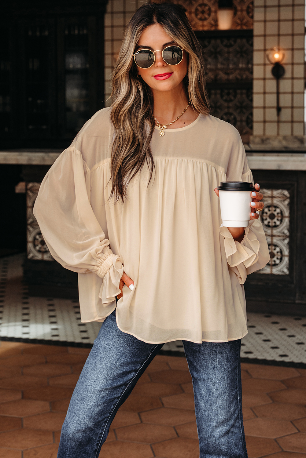 Parchment Pleated Ruffle Long Sleeve Chiffon Blouse - loveforevers