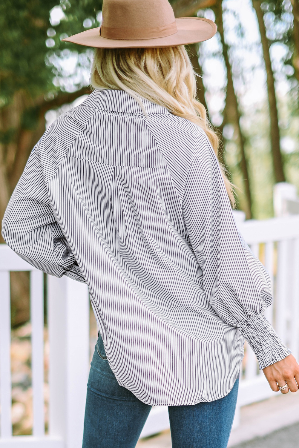 Red Stripe Smocked Cuffed Striped Boyfriend Shirt with Pocket - loveforevers