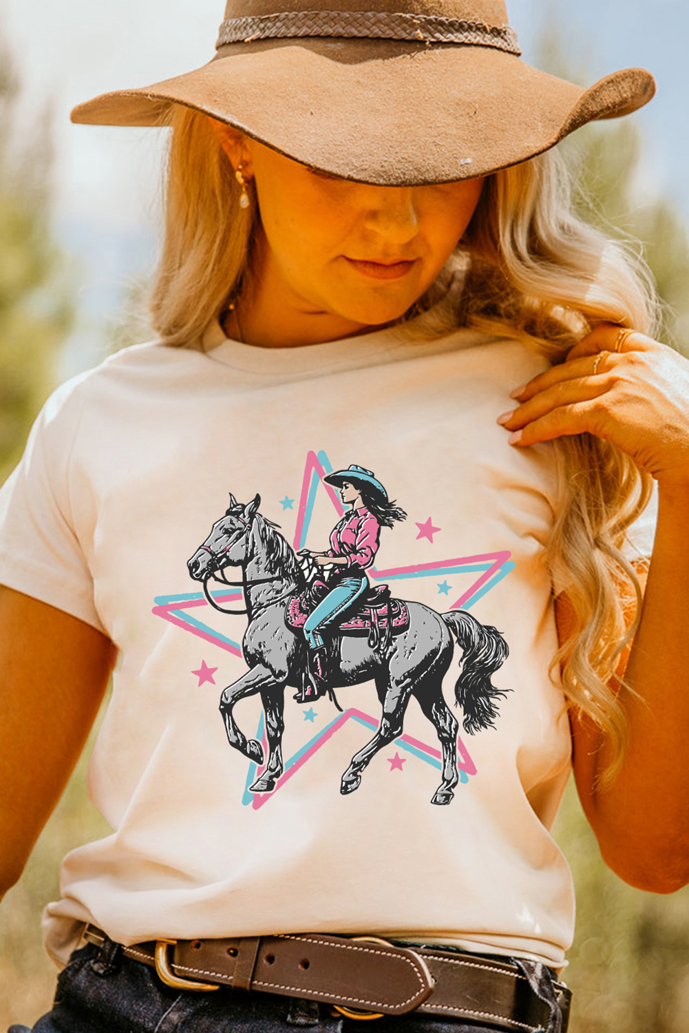 White Star Cowgirl Graphic Round Neck T Shirt - loveforevers