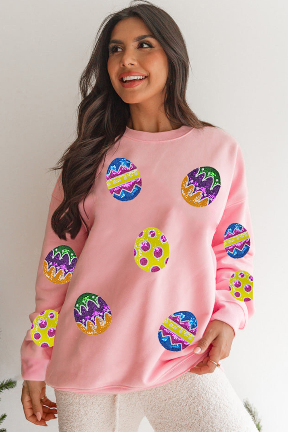 Pink Easter Egg Patched Graphic Drop Shoulder Pullover Sweatshirt - loveforevers