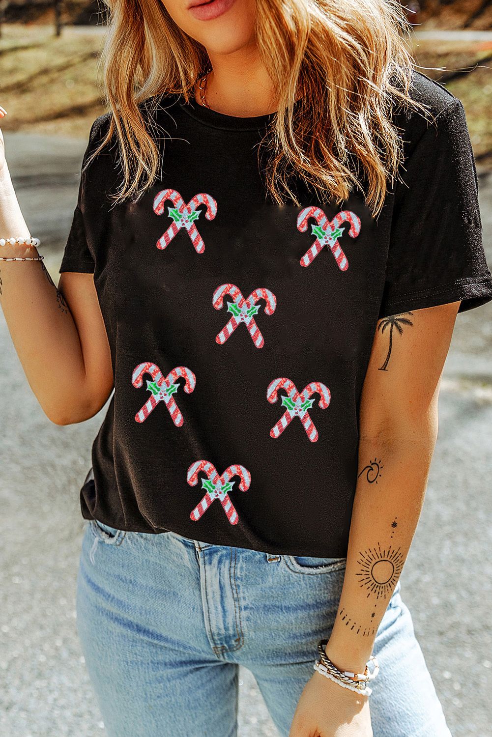 Black Holly Candy Cane Christmas Sequin Graphic T Shirt - loveforevers