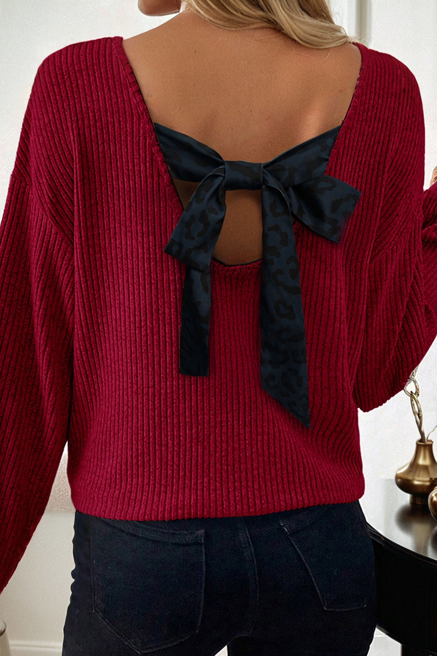 Racing Red Ribbed V Neck Contrast Ribbon Bow Back Drop Shoulder Long Sleeve Top - loveforevers