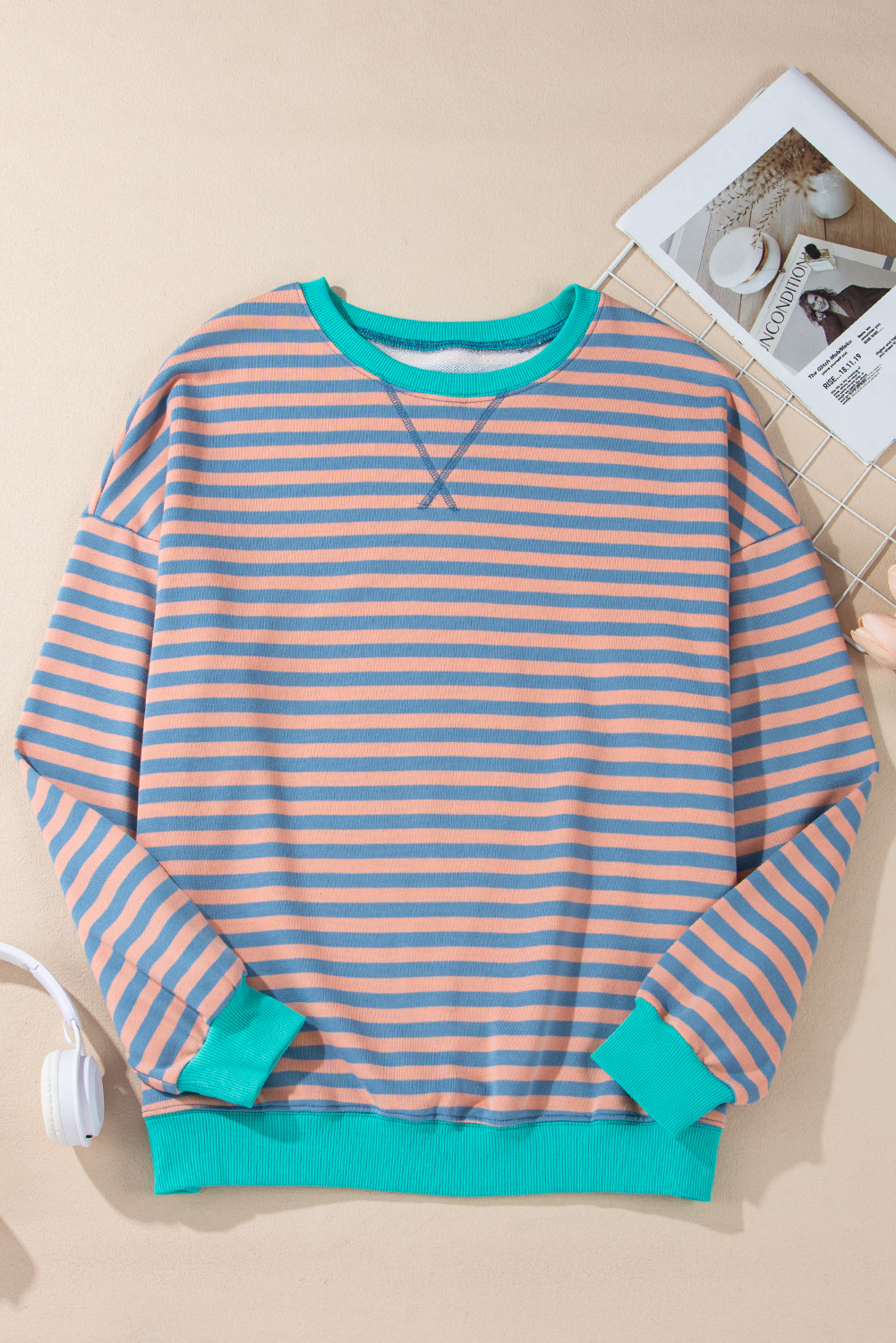 Red Stripe Contrast Ribbed Trim Crossed Stitch Drop Shoulder Sweatshirt - loveforevers