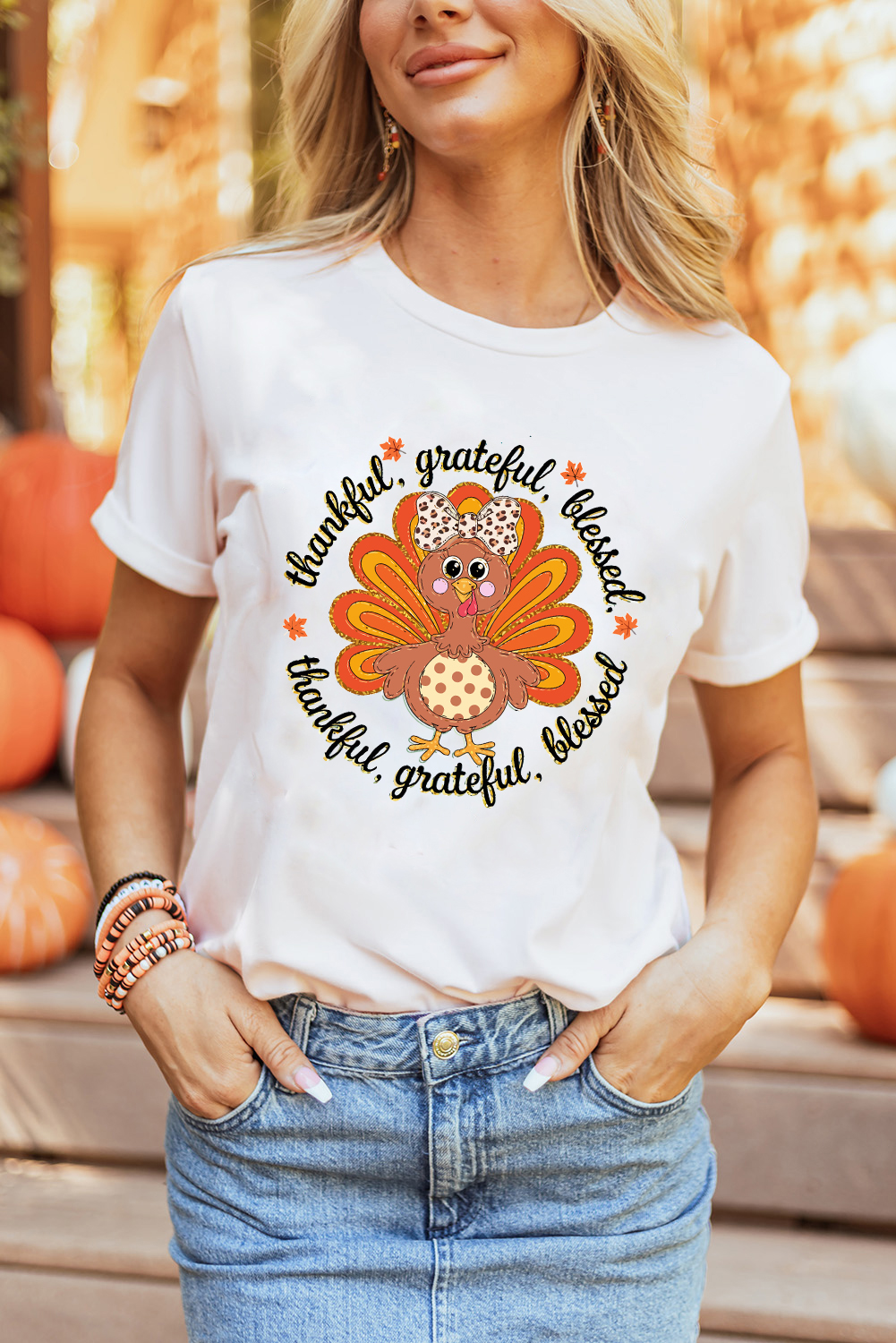 White Thanksgiving Cute Turkey Print Cotton Blend T Shirt - loveforevers