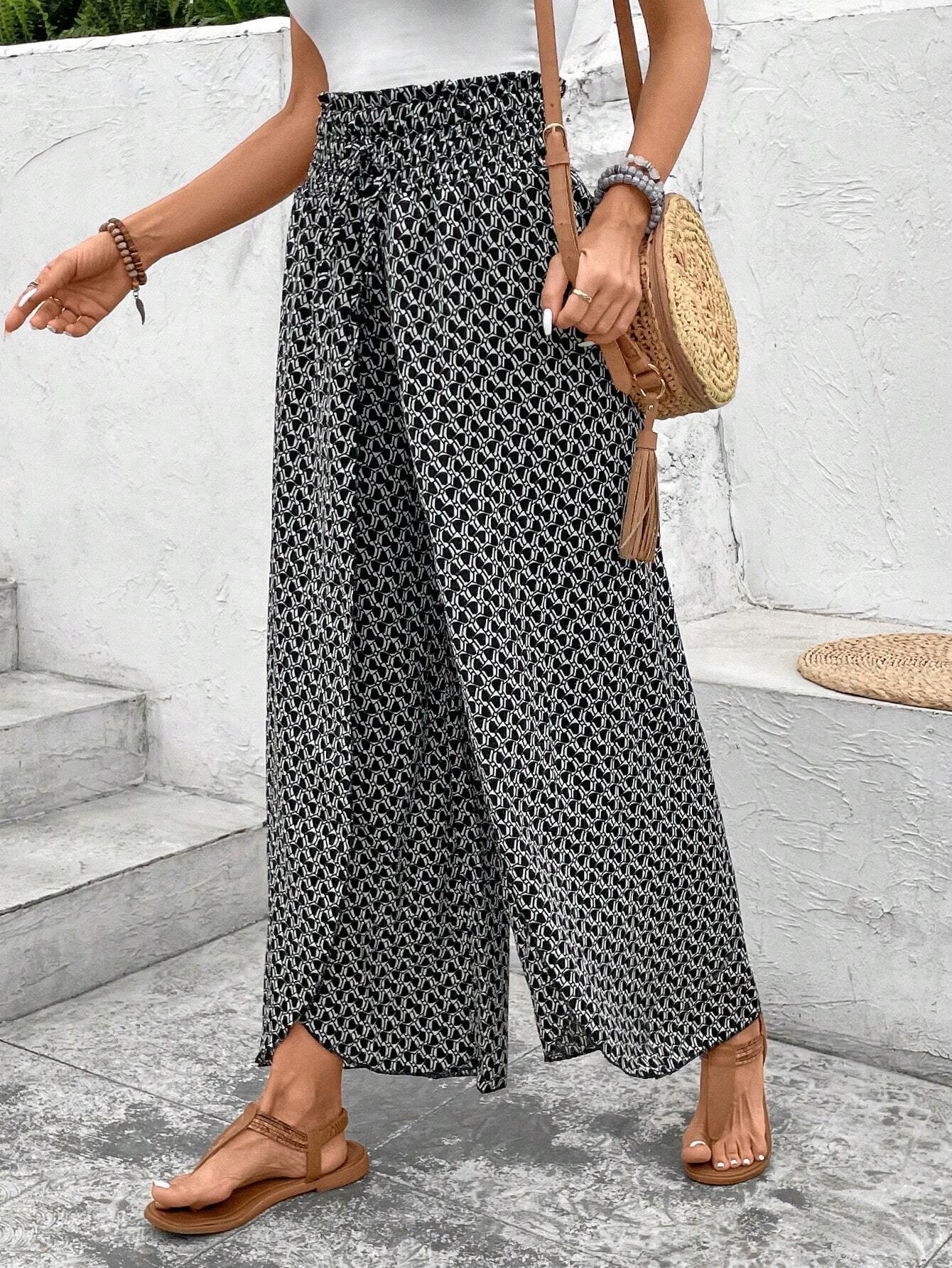 Black Bohemian Print Slit Wide Leg Smocked High Waist Pants - loveforevers