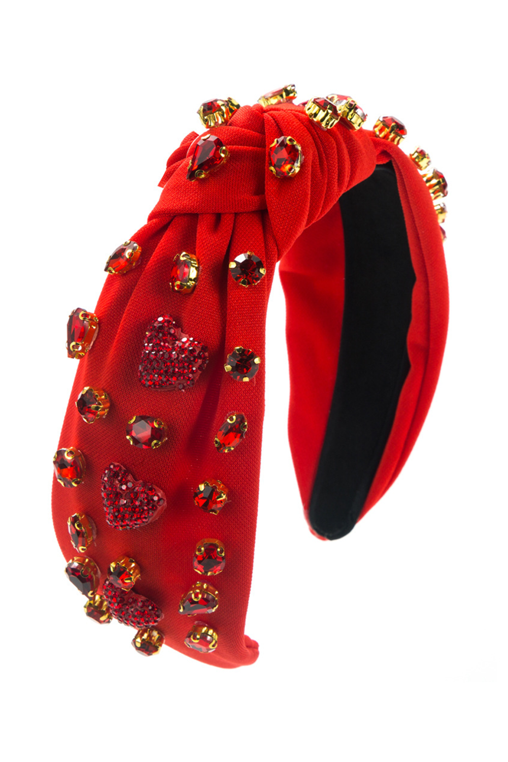 Fiery Red Rhinestone Heart Glass Drill Studded Knotted Wide Headband - loveforevers