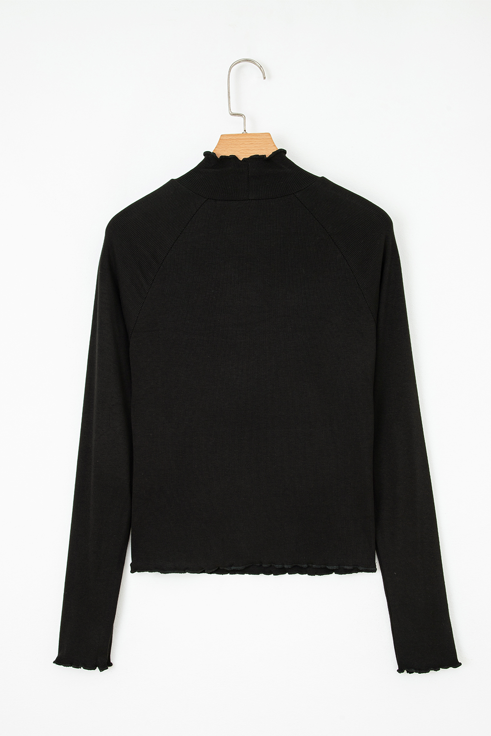 Black Ribbed Knit Lettuce Trim High Neck Long Sleeve Top - loveforevers