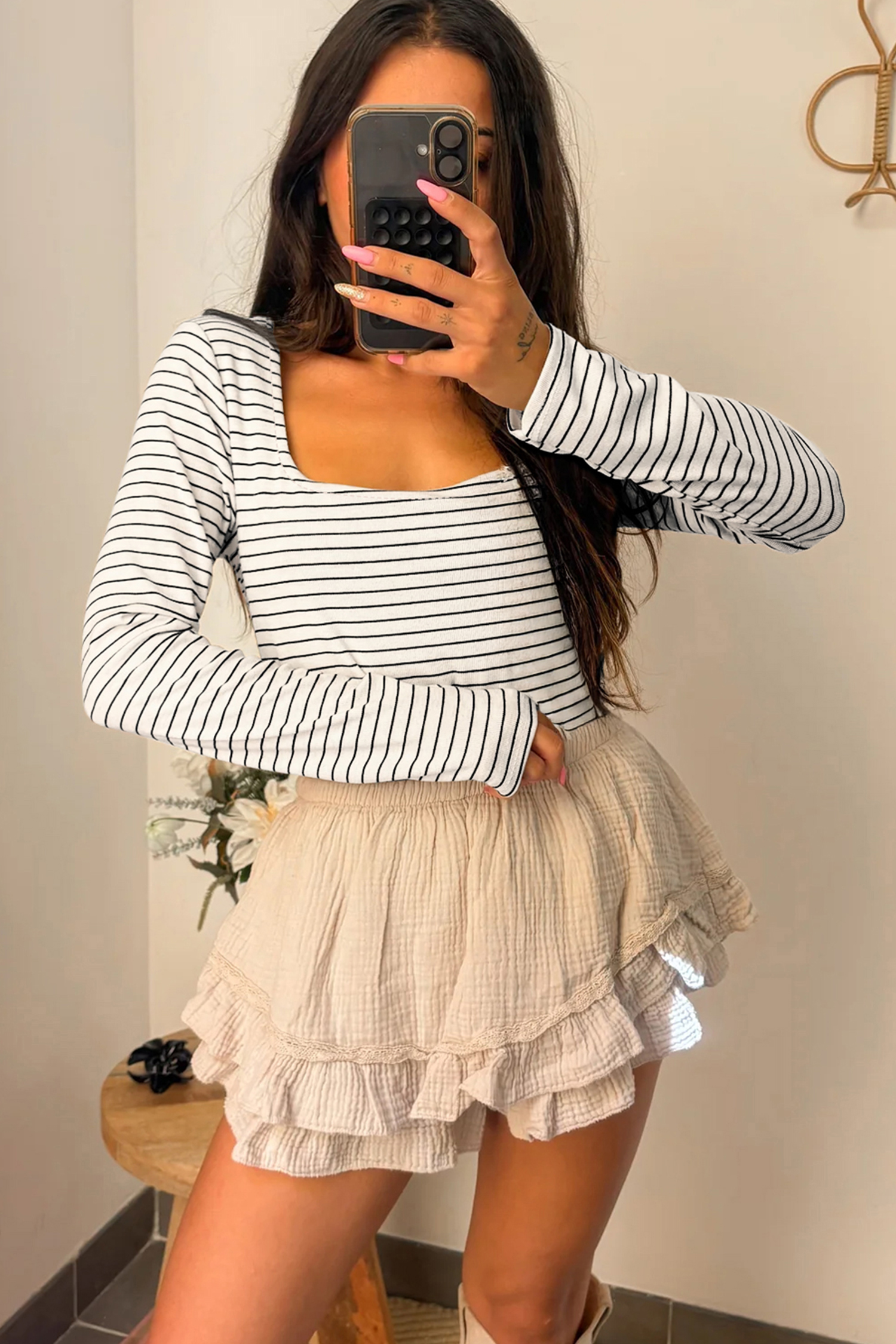 Brown Stripe Square Neck Long Sleeve Top - loveforevers