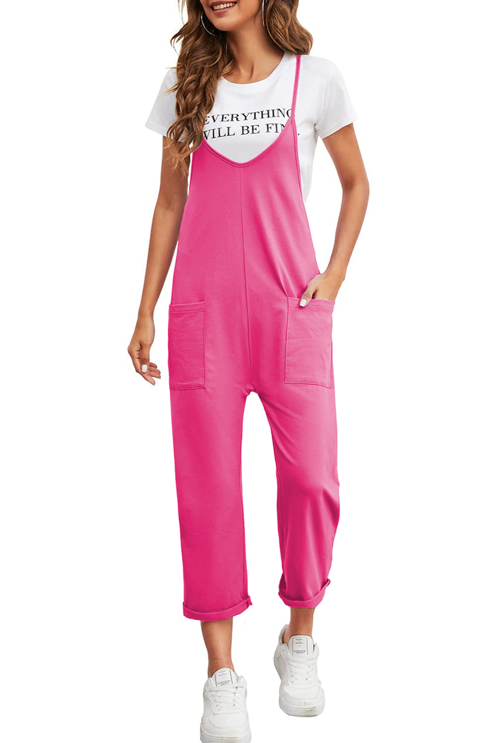 Rose Red Black Pocketed Adjustable Spaghetti Strap Straight Leg Jumpsuit - loveforevers