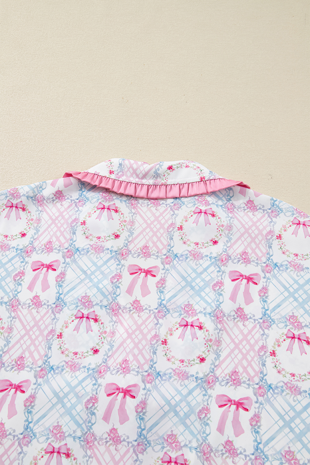Pink Bow Wreath Pattern Christmas Holiday Tied Front Long Sleeve 2pcs Pajama Set - loveforevers