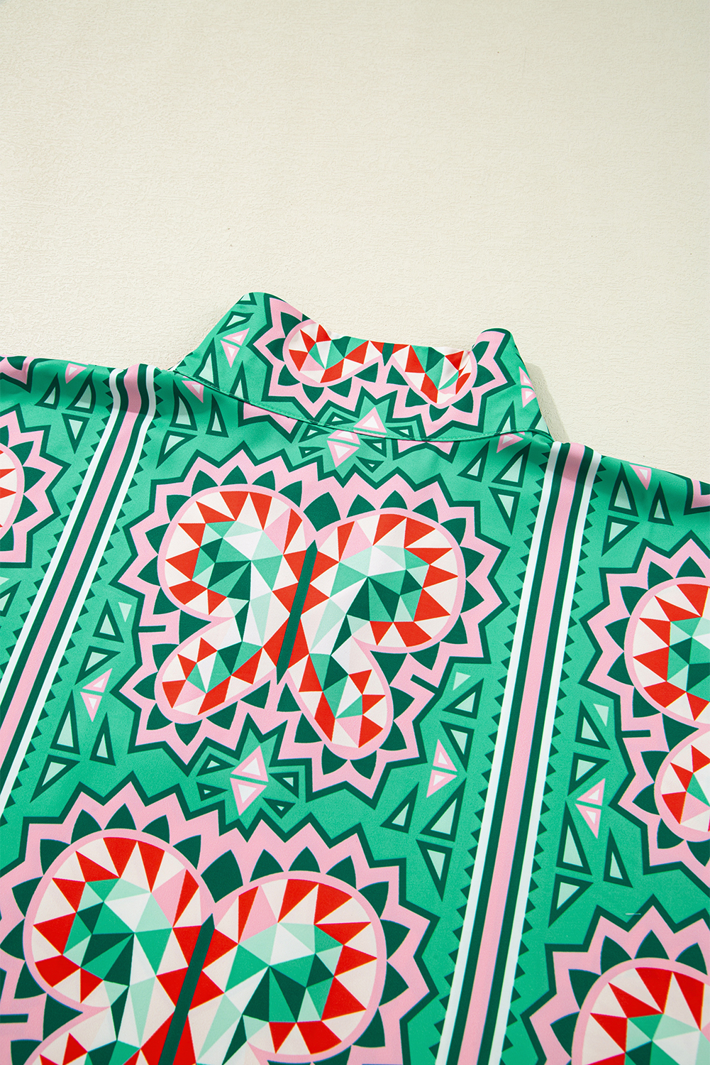 Sea Green Boho Abstract Print Contrast Striped Collared V Neck Blouse - loveforevers