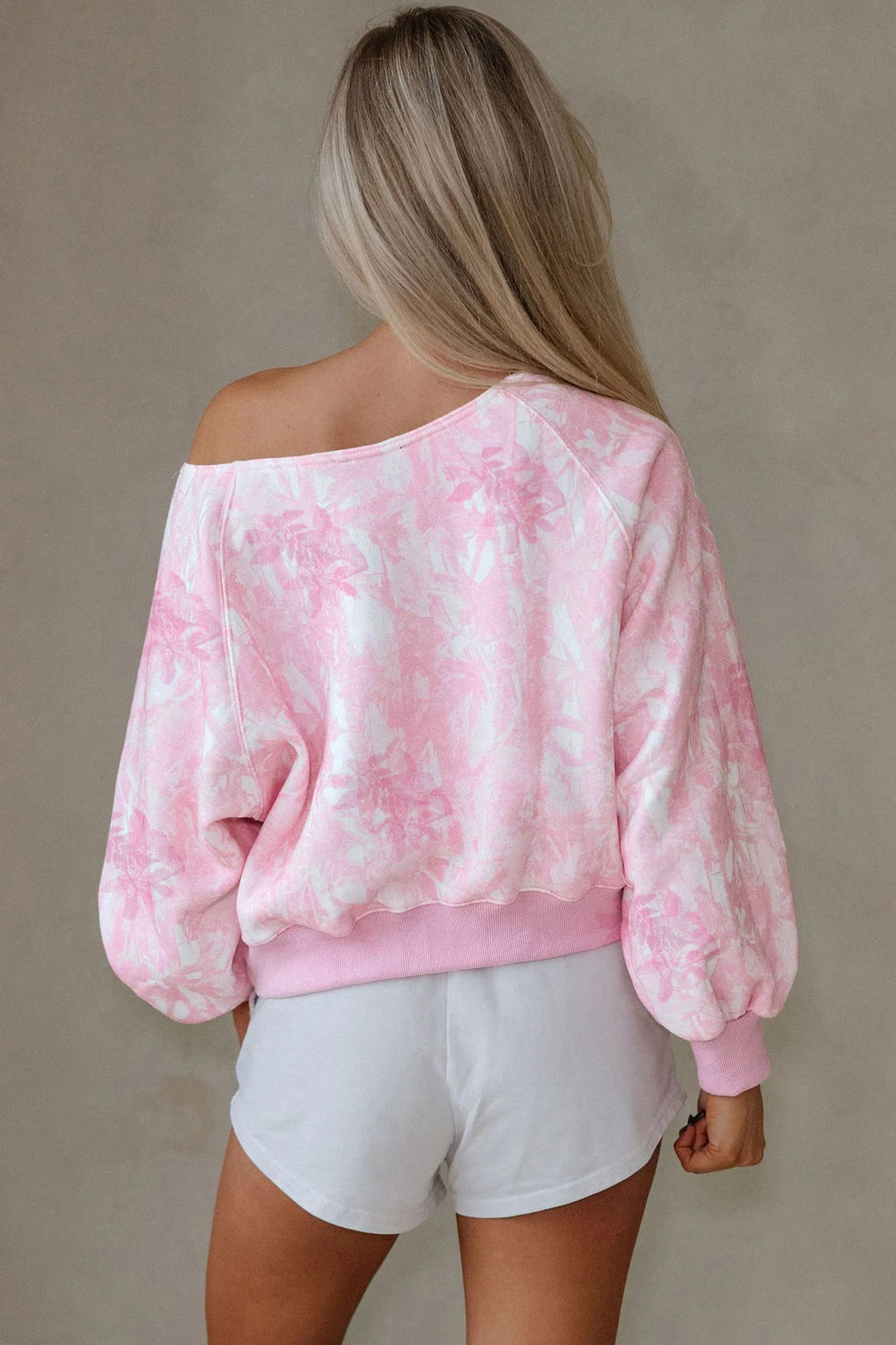 Pink Abstract Woodland Print Asymmetric Shoulder Long Sleeve Top - loveforevers