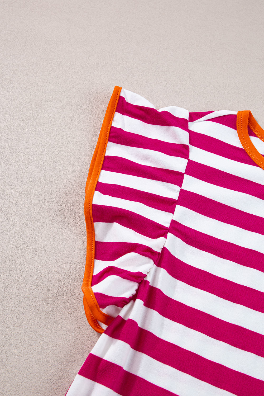 Rose Red Striped Ruffle Sleeve Crew Neck Blouse - loveforevers