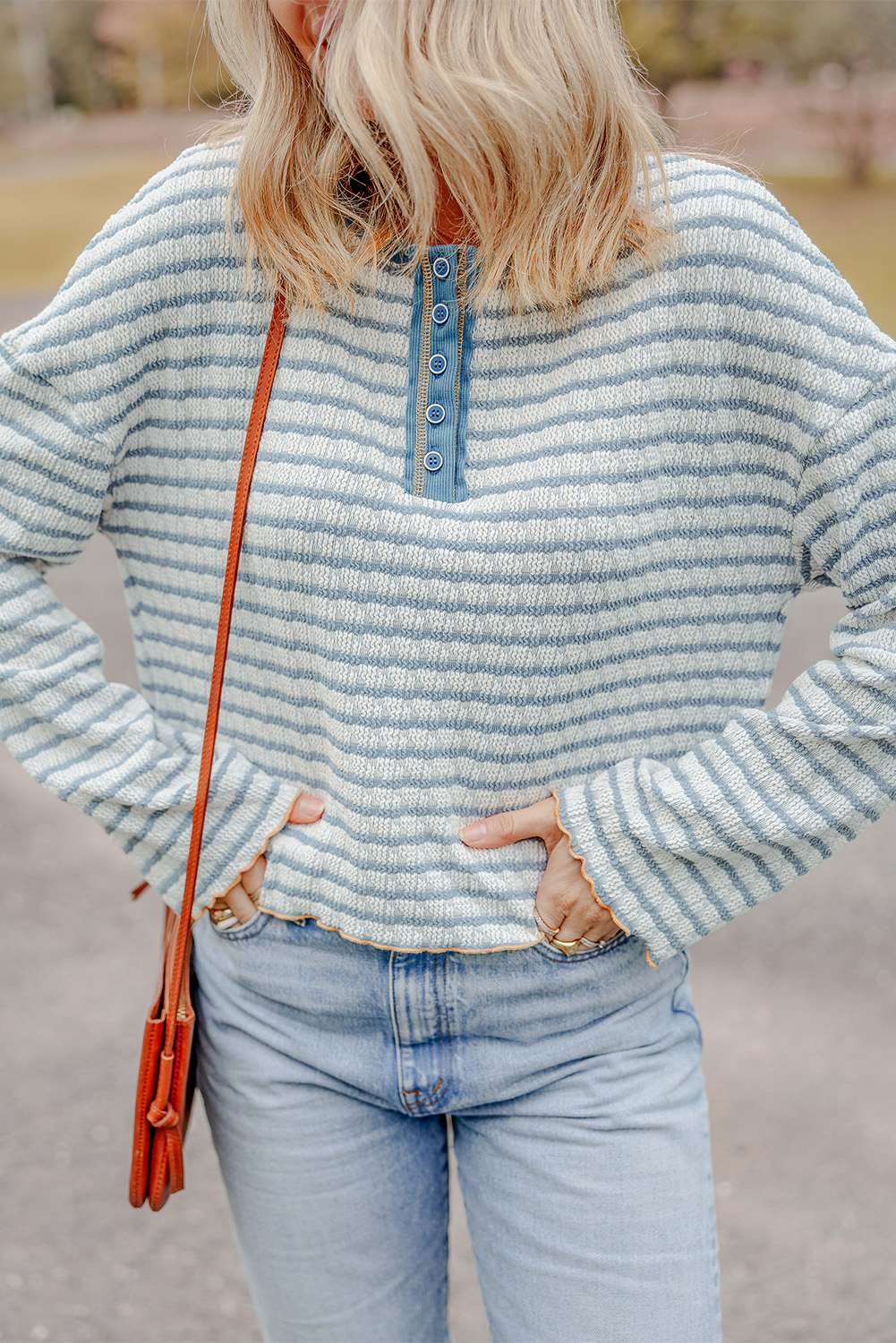 Sky Blue Stripe Textured Frilly Trim Buttons Henley Long Sleeve Top - loveforevers