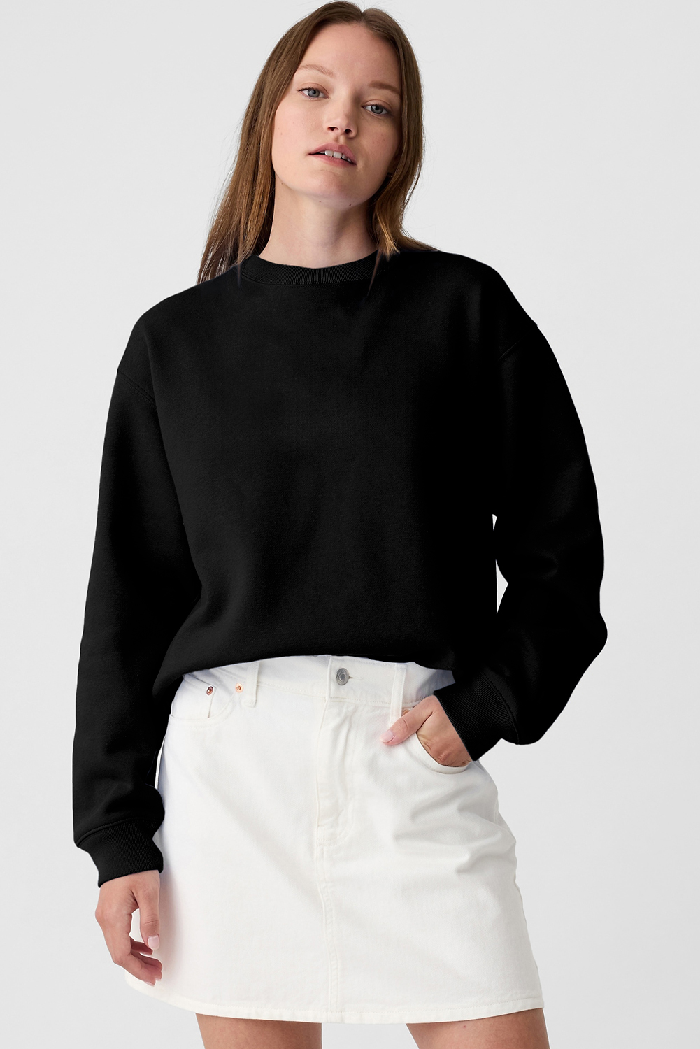Navy Blue Plain Drop Shoulder Crewneck Pullover Sweatshirt - loveforevers