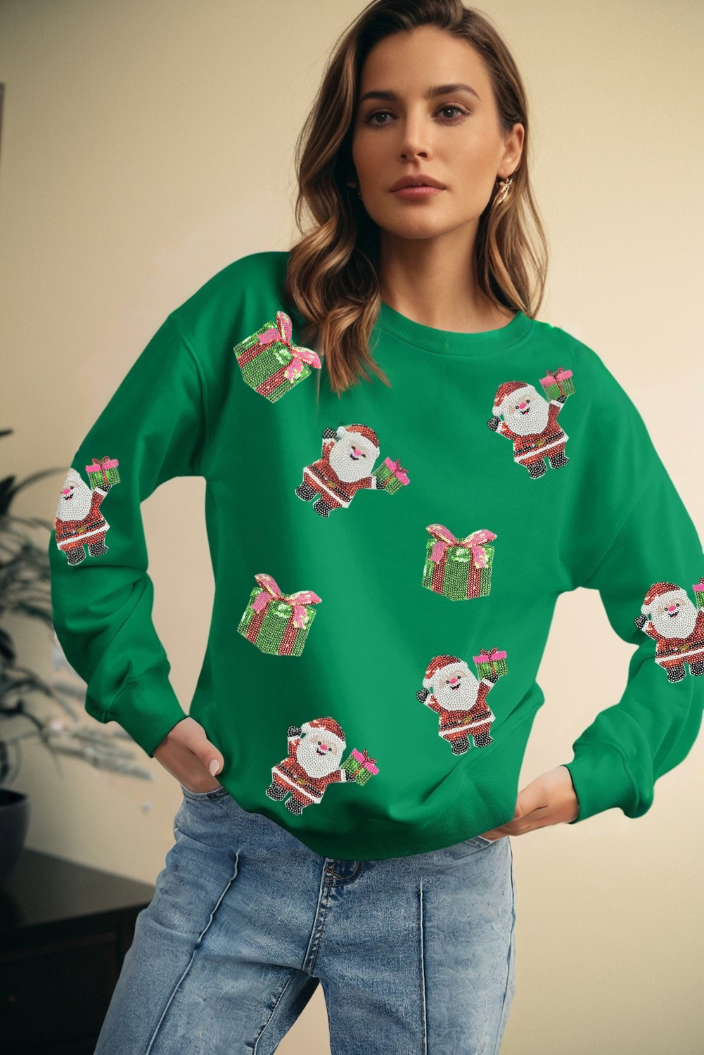 Dark Green Santa Delivering Gifts Christmas Sequin Graphic Sweatshirt - loveforevers