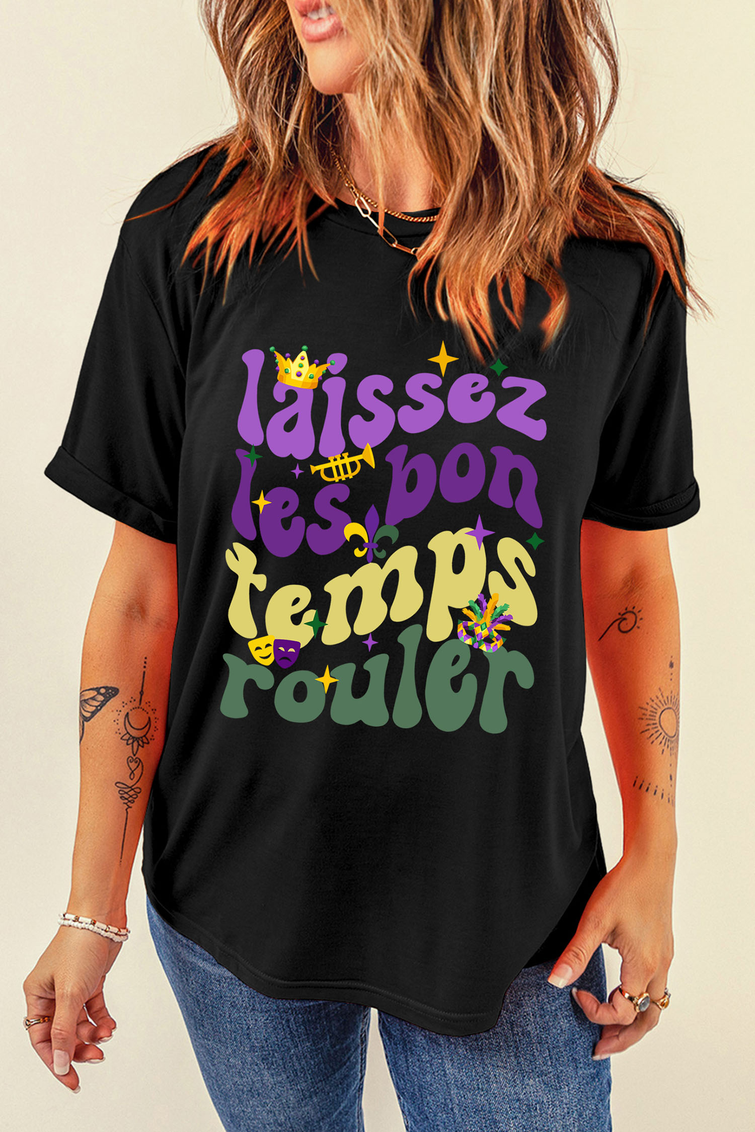 Black Laissez Lesbon Temps Rouler Graphic Mardi Gras Tee - loveforevers
