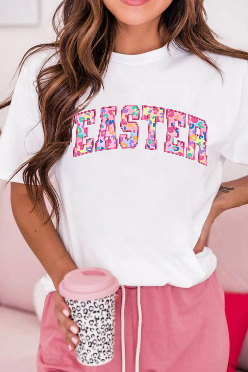 White Cheerful Leopard EASTER Letter Graphic Tee - loveforevers