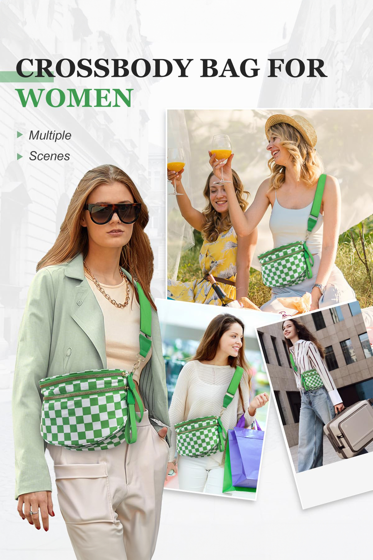 Jungle Green Double Zip Crescent Shape Adjustable Sling Bag - loveforevers