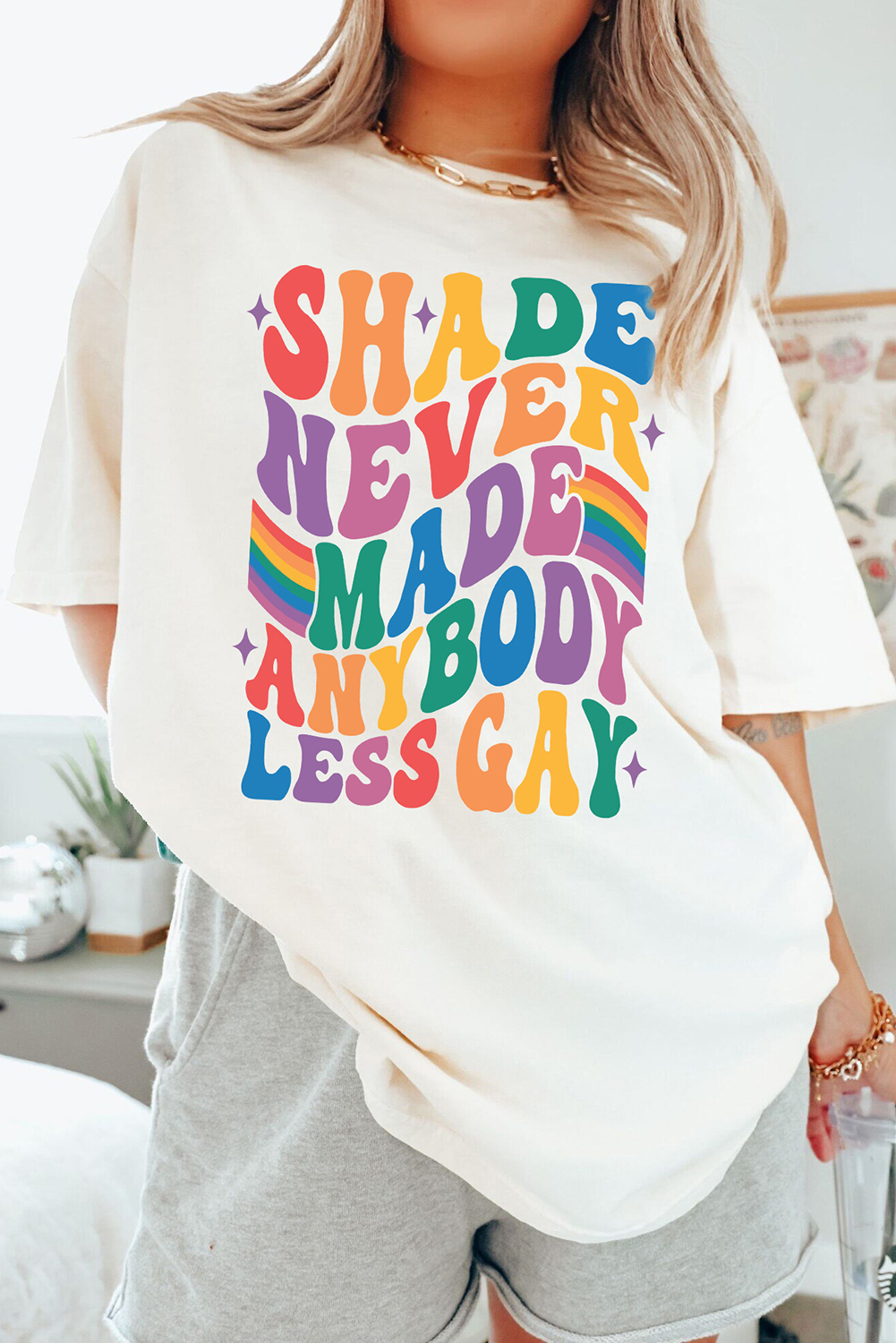 White SHADE NEVER MADE ANYBODY LESS GAY Pride Graphic Tee - loveforevers
