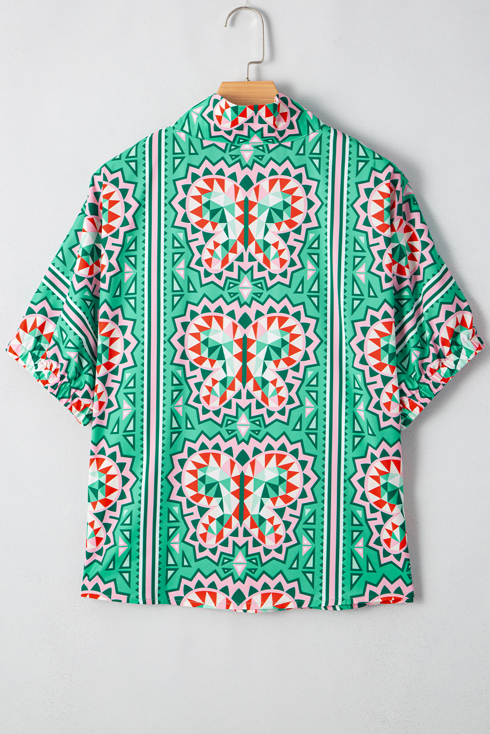 Sea Green Boho Abstract Print Contrast Striped Collared V Neck Blouse - loveforevers