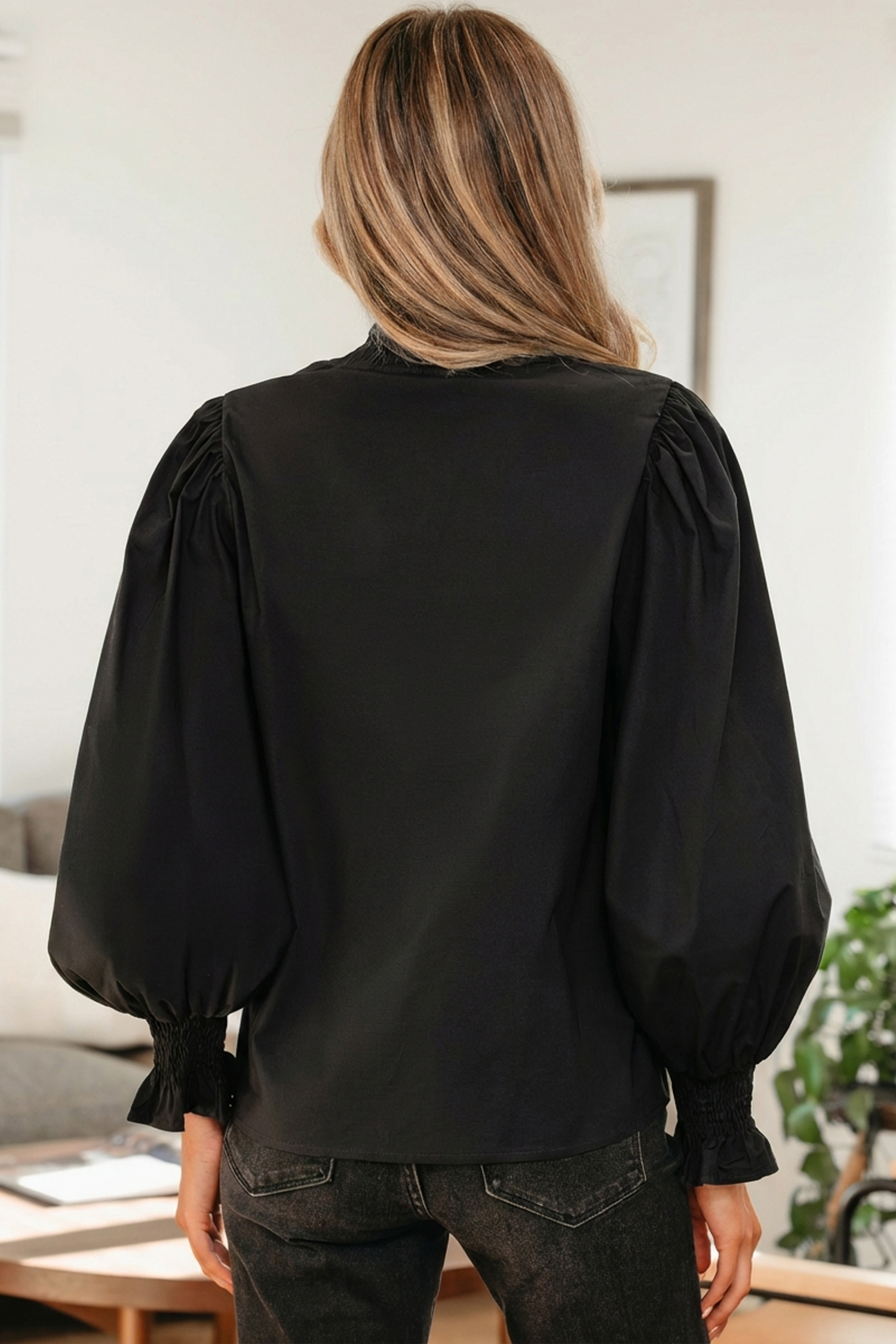 Evergreen Puffy Flounce Sleeve Leopard Trim V Neck Blouse - loveforevers