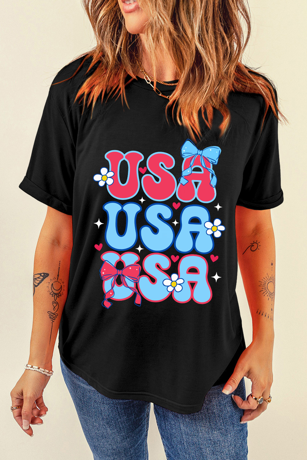 Black July 4th Cute Flower Bow USA Letter Graphic Tee - loveforevers