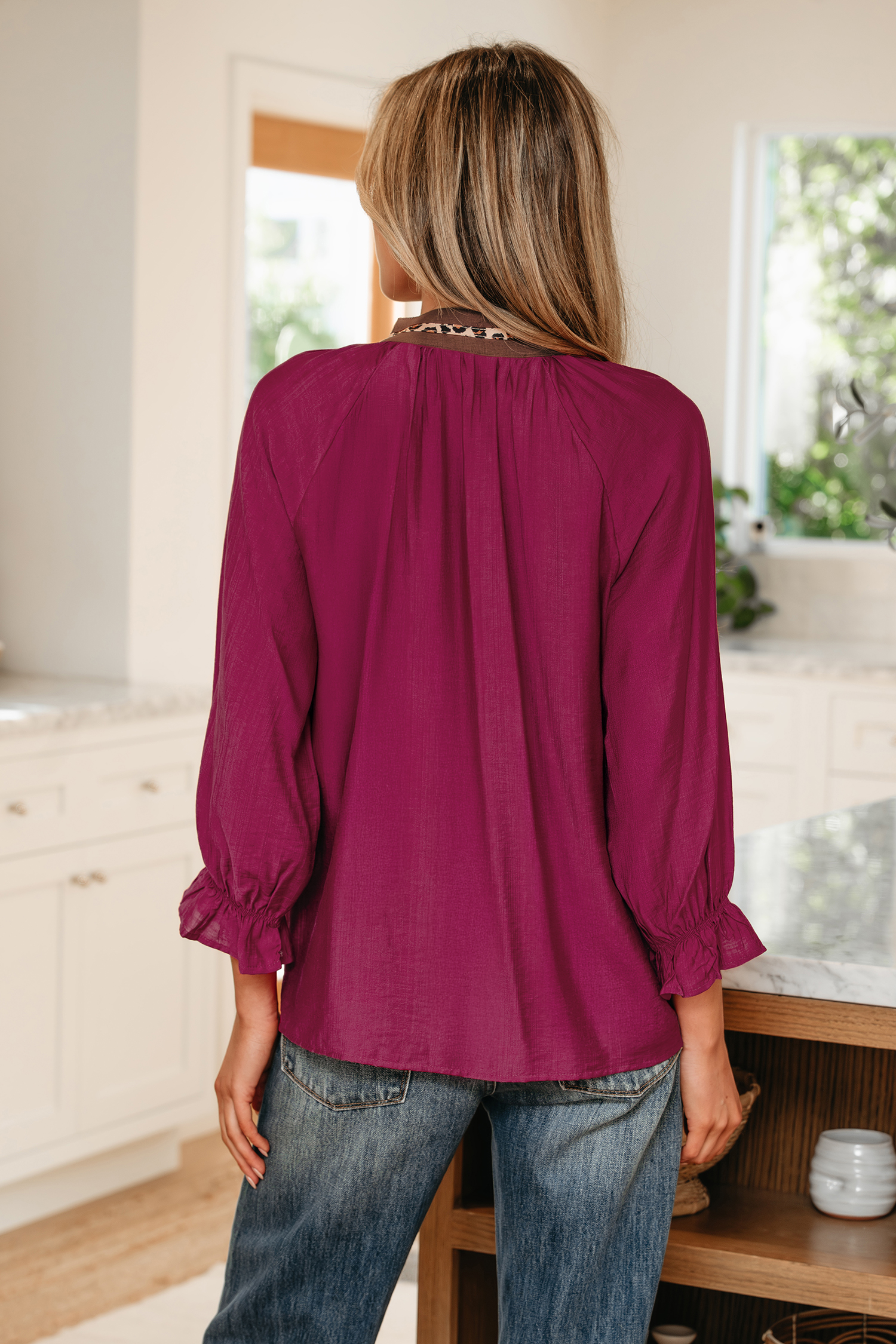 Dirty blue Leopard Trim V Neck Flounced Bracelet Sleeve Blouse - loveforevers