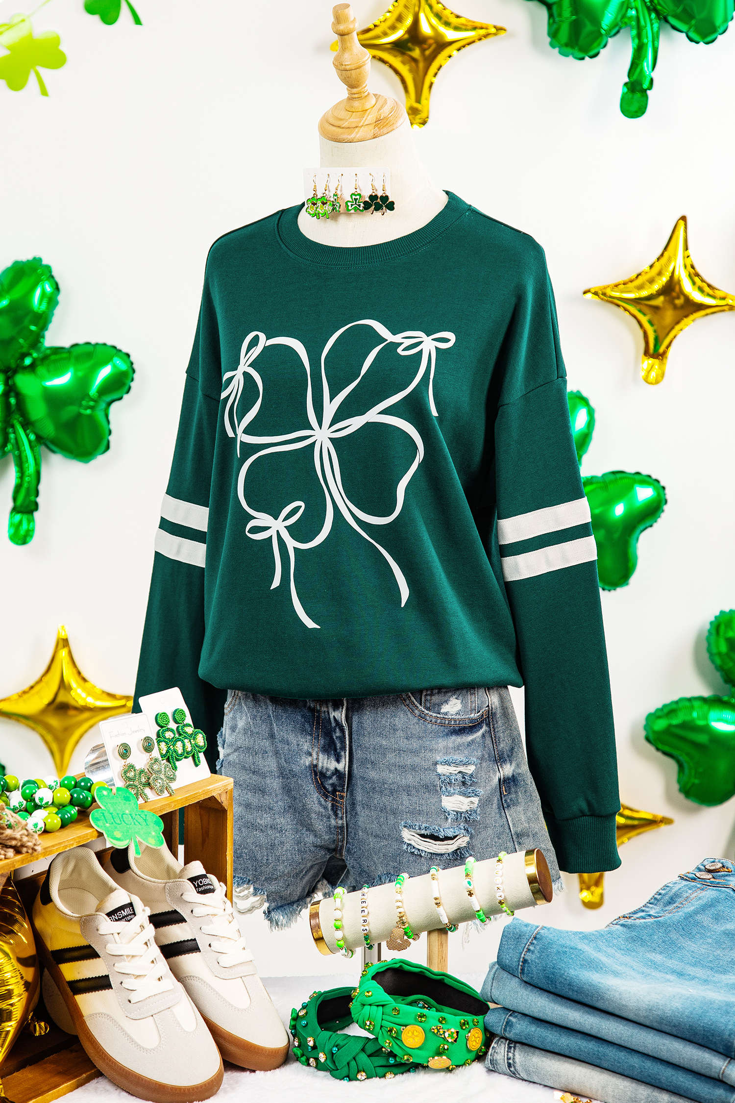 Evergreen Ribbon Bow Lucky Clover Varsity Striped Sleeve Casual Sweatshirt - loveforevers