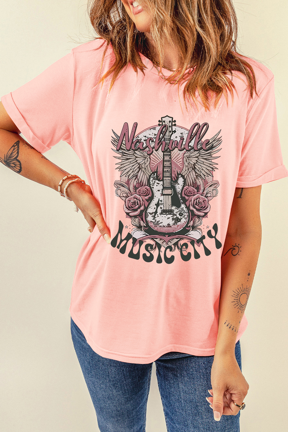 Pink Nashville MUSIC CITY Guitar Graphic Crewneck Tee - loveforevers