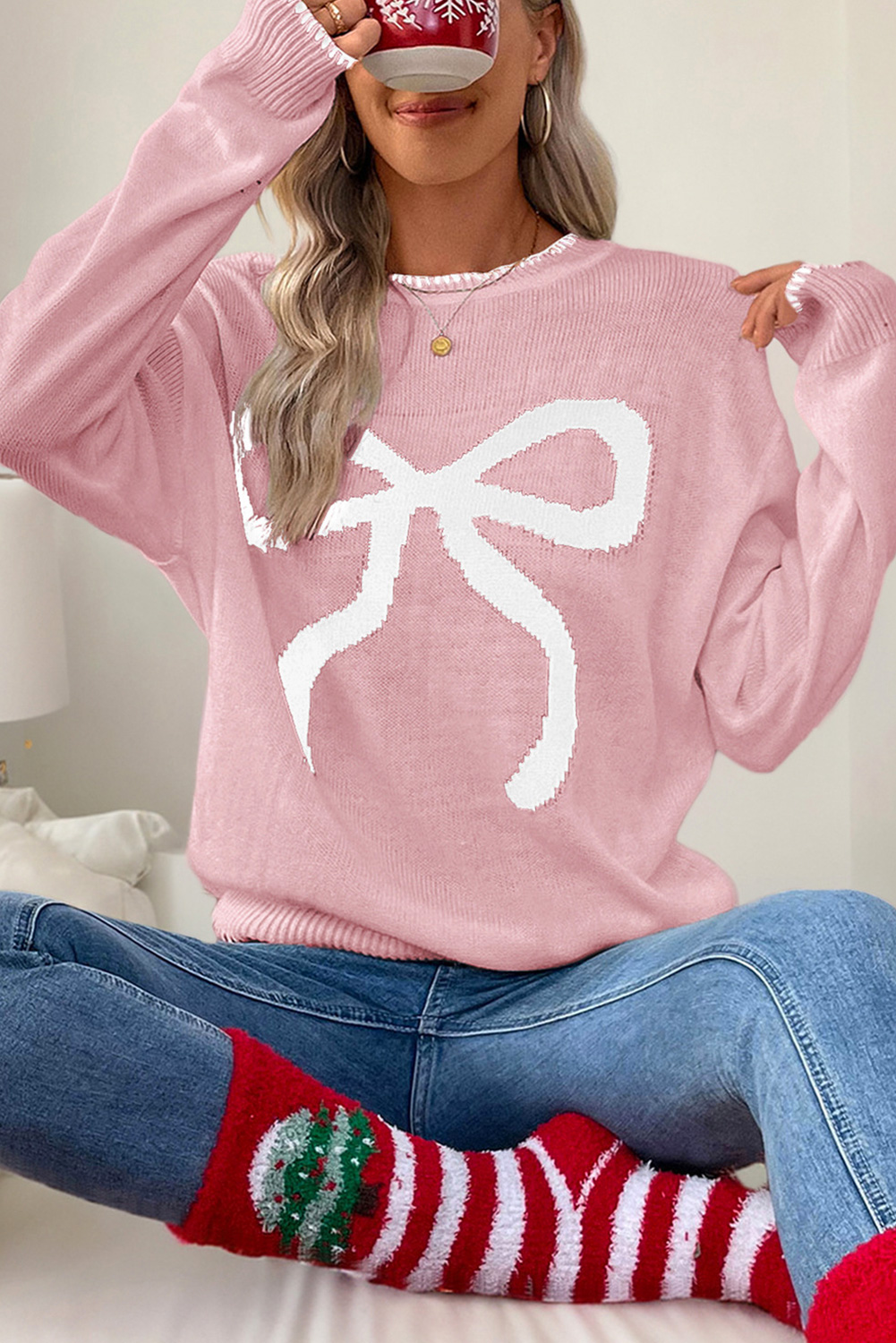 White Bow Pattern Contrast Trim Christmas Loose Graphic Sweater - loveforevers