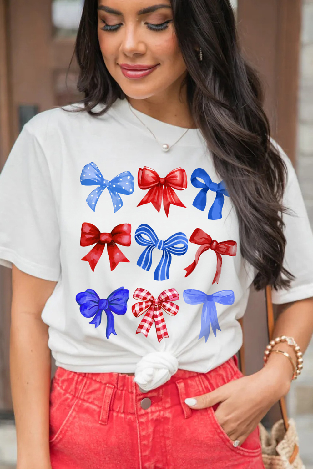 White USA Inspire Bow Print Crewneck Independence Day Tee - loveforevers