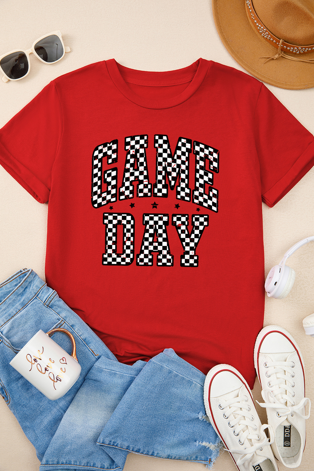 Red Checkered Game Day Graphic T Shirt - loveforevers