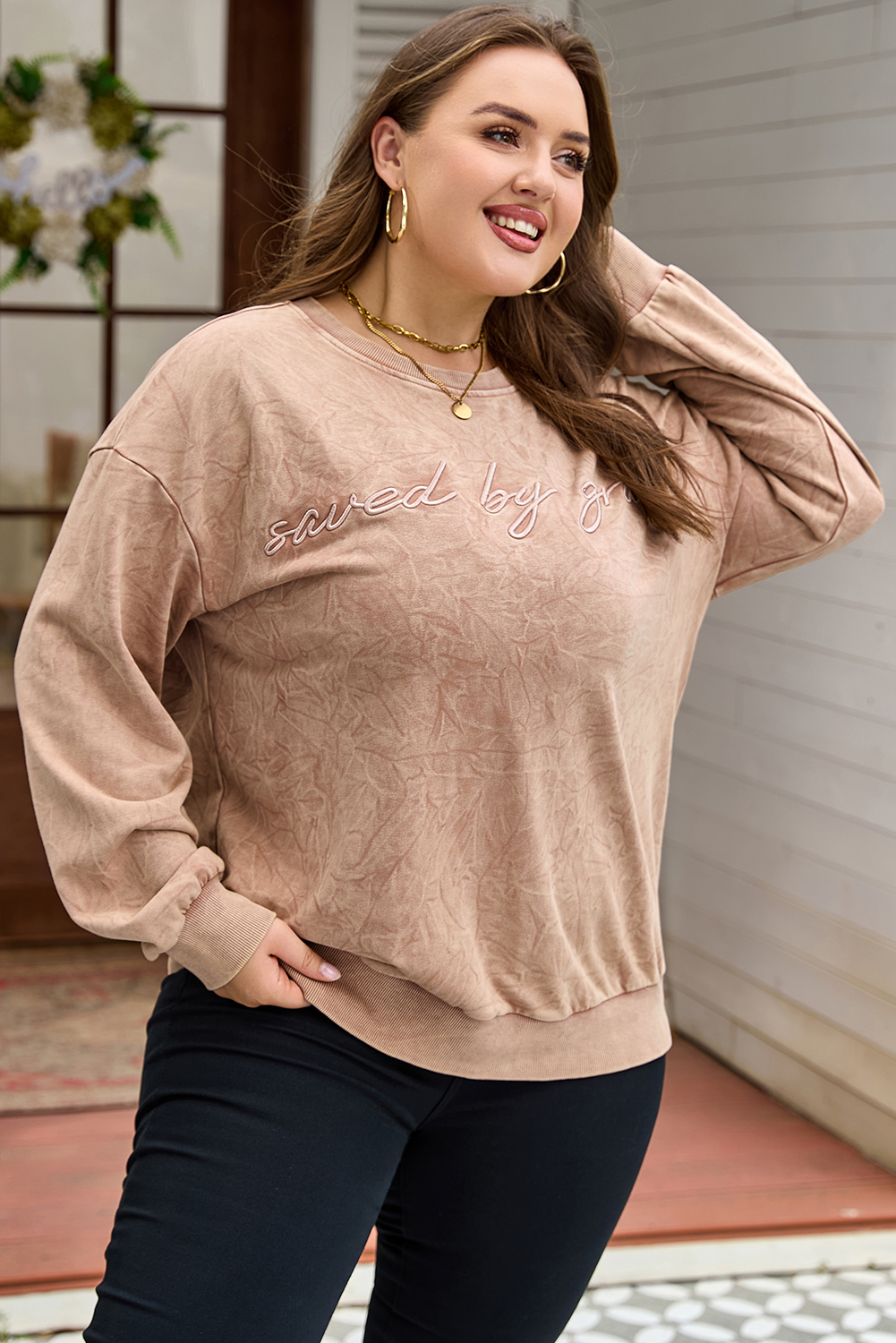 DUNE saved by grace Letter Embroidery Mineral Wash Loose Sweatshirt - loveforevers