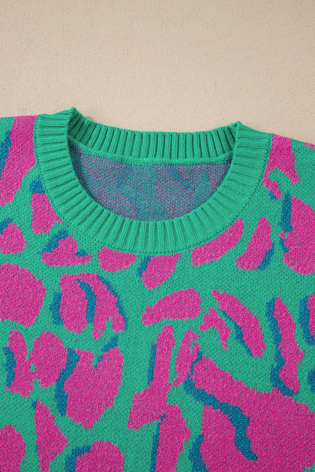 Green Abstract Print Ribbed Trim Baggy Sweater - loveforevers
