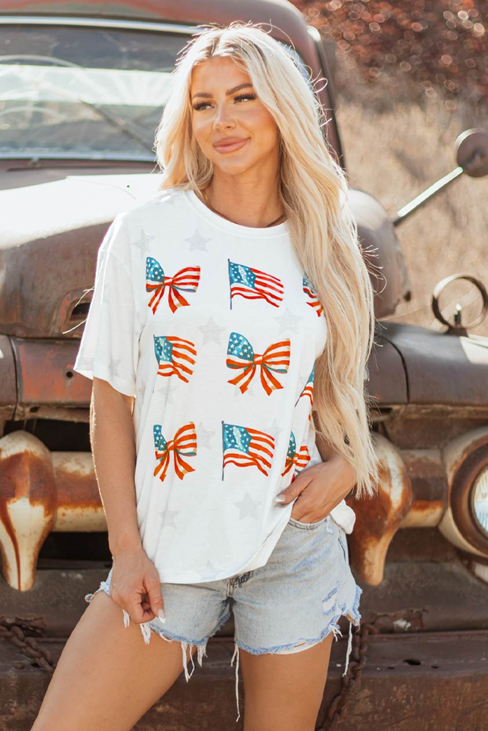 Khaki Patriotic Flag Bow Graphic Starry Round Neck T Shirt - loveforevers