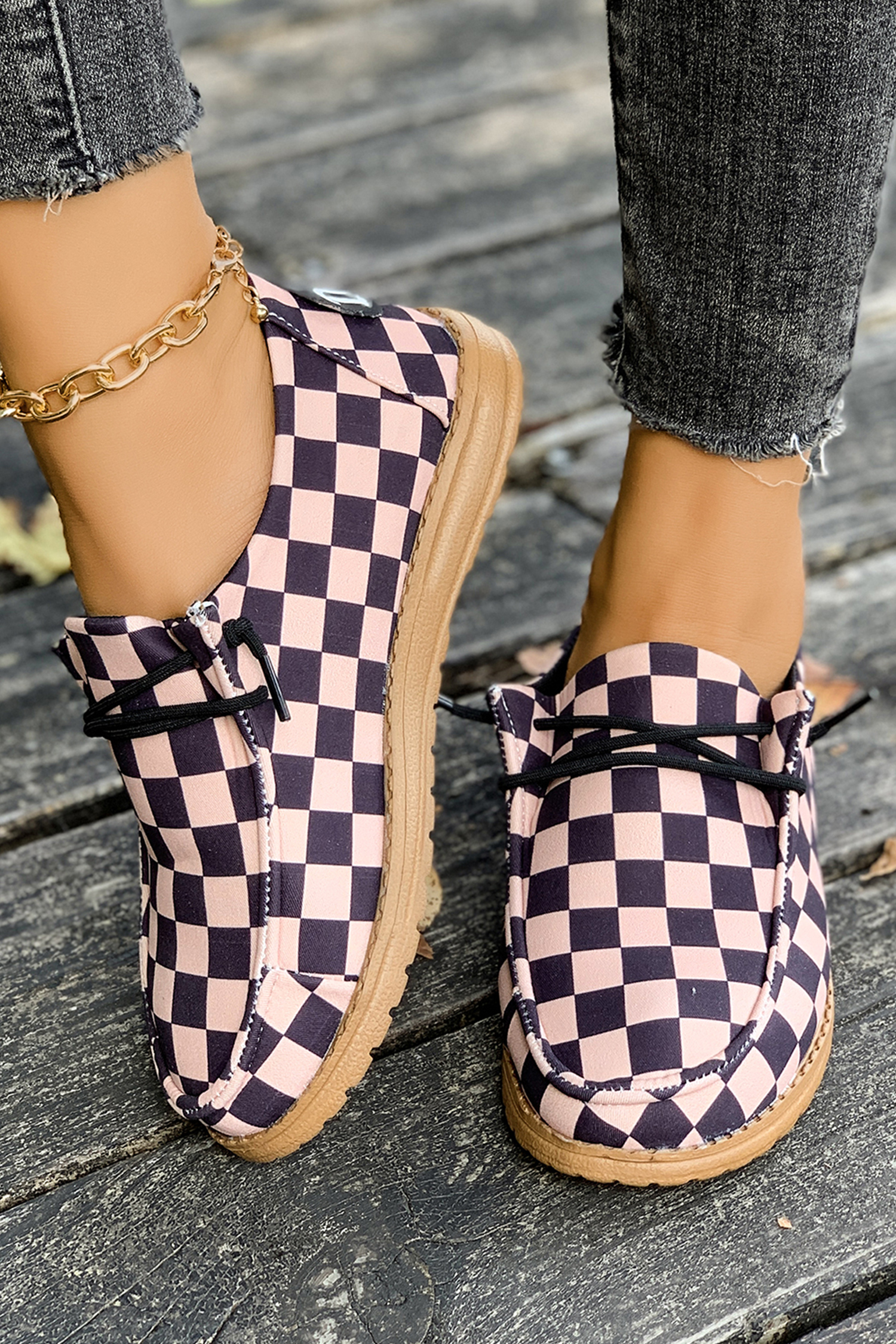 Dark Brown Checkered Print PU Leather Lace Up Detail Flat Shoes - loveforevers