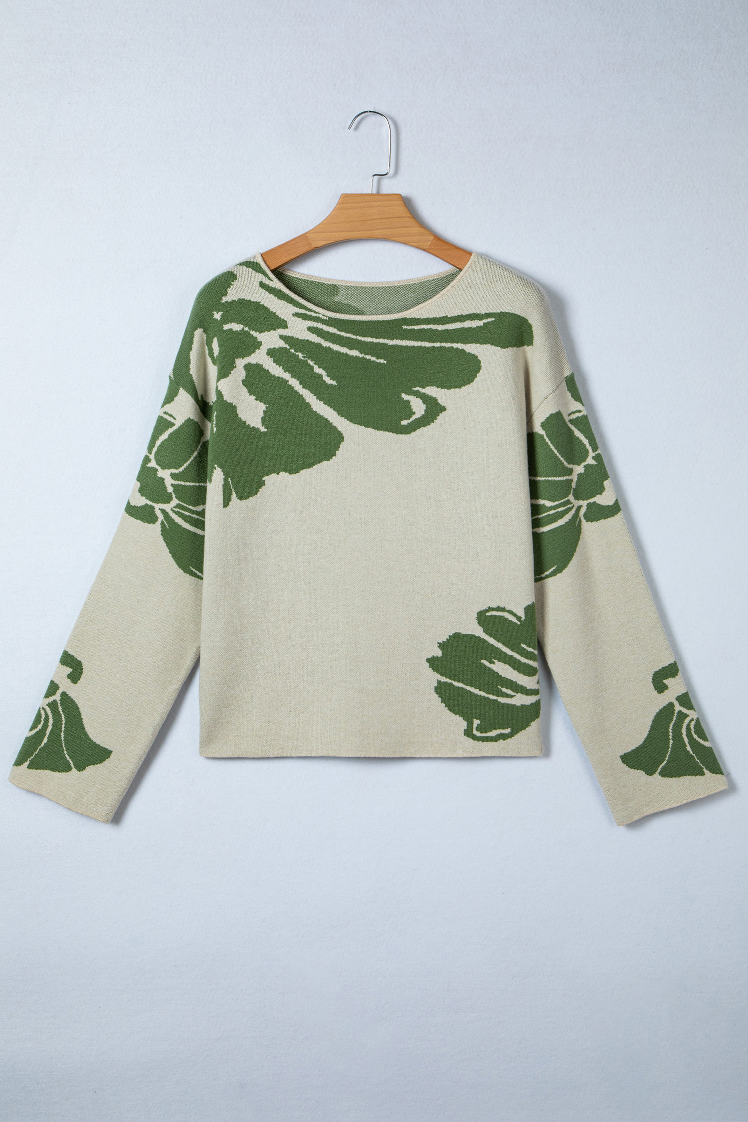 Beige Bold Flower Pattern Wide Sleeve Baggy Sweater - loveforevers