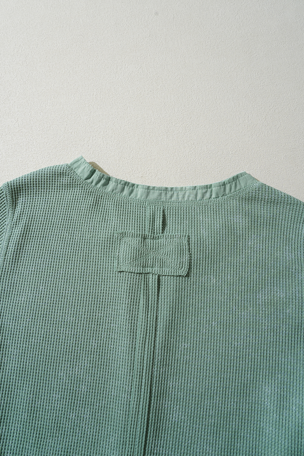 Smoke Green Acid Wash Waffle Knit Buttoned Neckline Long Sleeve Top - loveforevers
