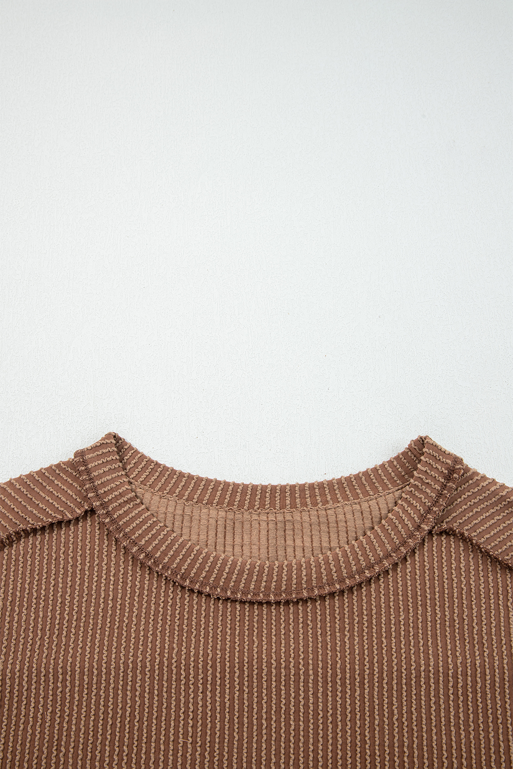 Dark Khaki Twist Ribbed Exposed Seam Detail Long Sleeve Loose Top - loveforevers