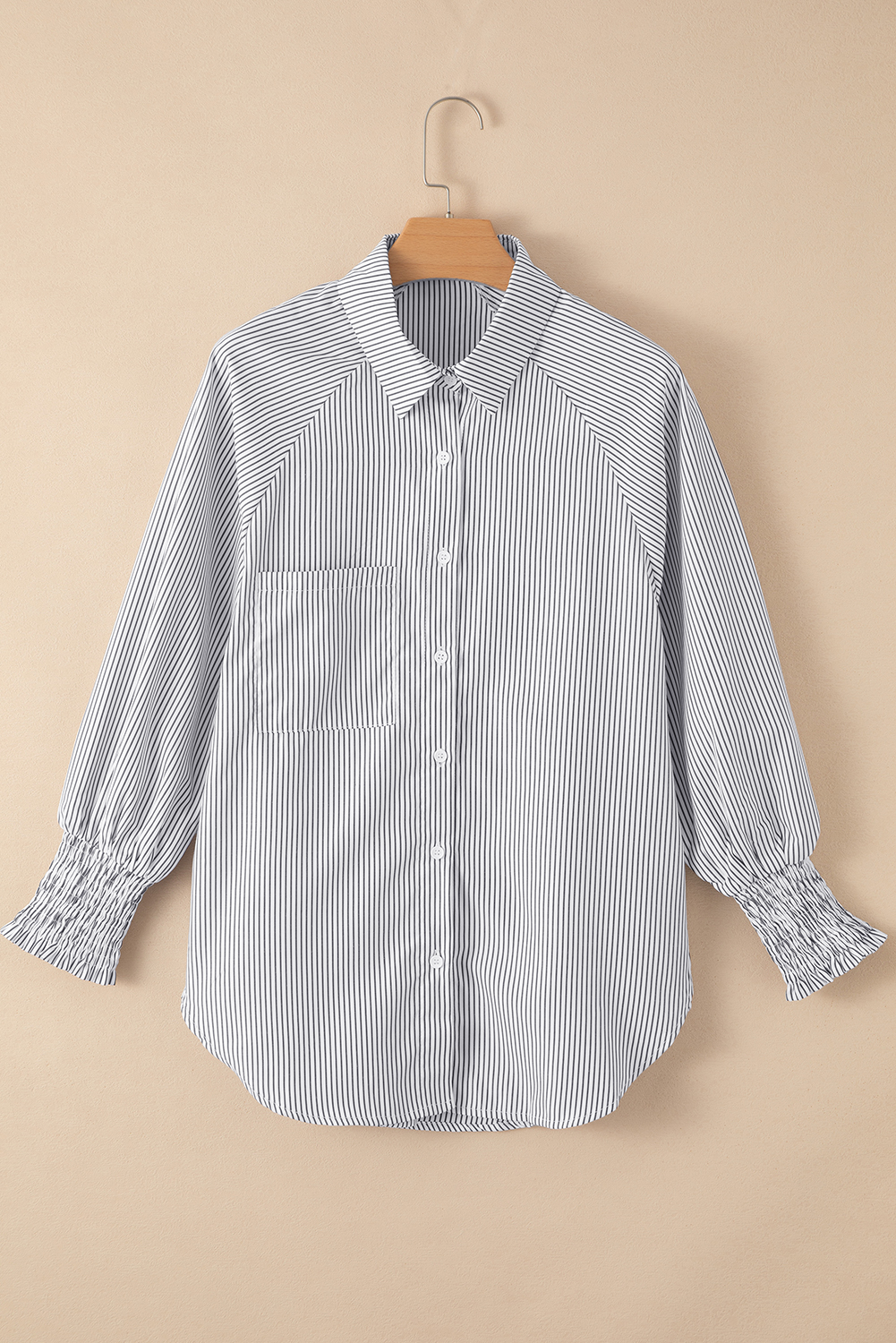 Red Stripe Smocked Cuffed Striped Boyfriend Shirt with Pocket - loveforevers