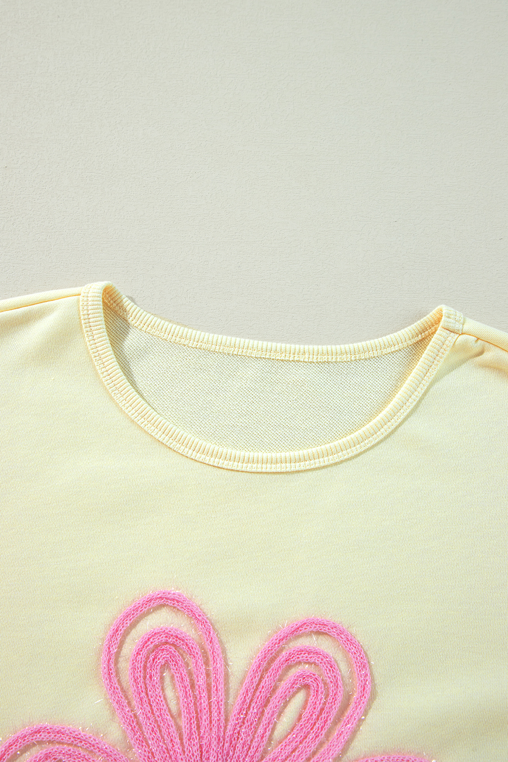 Beige Tinsel Flower Dropped Puff Sleeve Sweatshirt - loveforevers