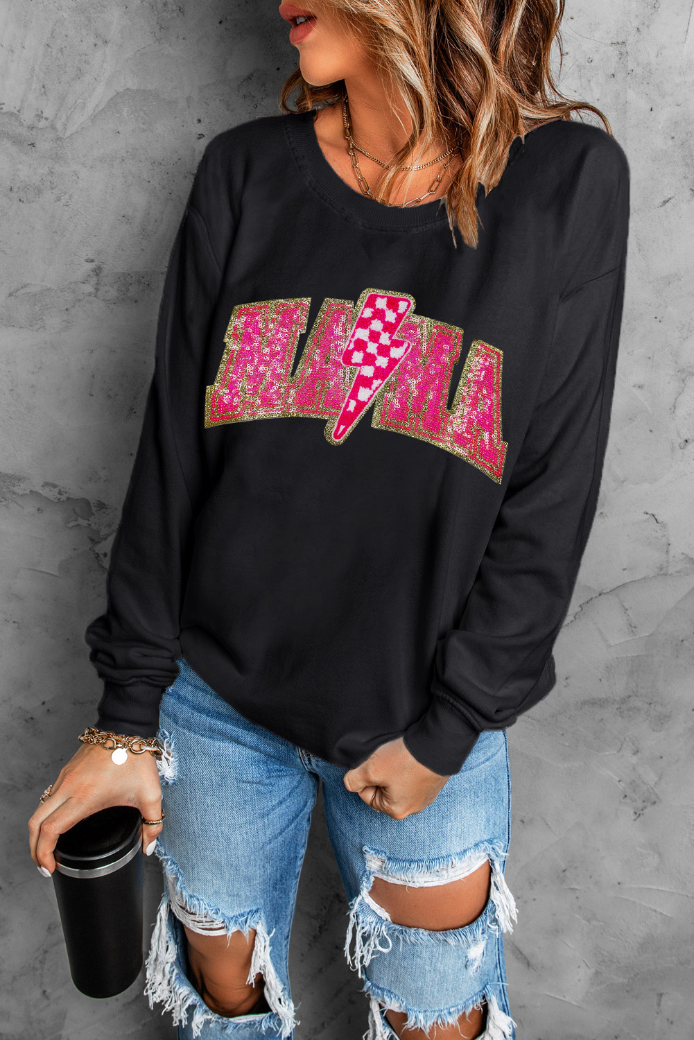 Black MAMA Shiny Graphic Pullover Sweatshirt - loveforevers